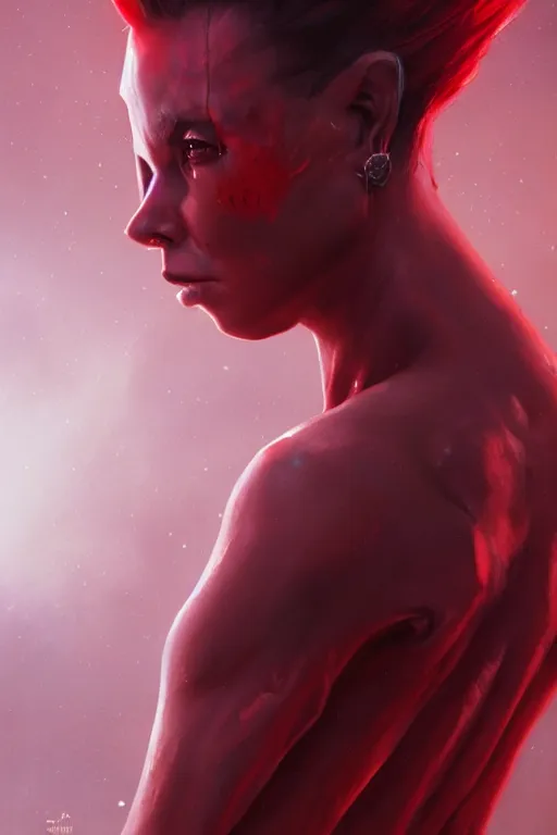 Image similar to a fancy portrait of an attractive alien women with red skin by Greg Rutkowski, Sung Choi, Mitchell Mohrhauser, Maciej Kuciara, Johnson Ting, Maxim Verehin, Peter Konig, final fantasy , 8k photorealistic, cinematic lighting, HD, high details, atmospheric , trending on artstation