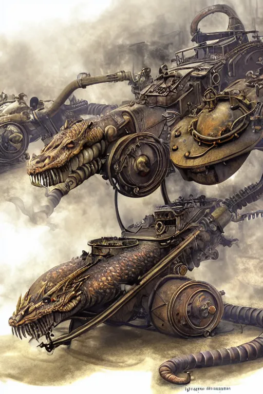Prompt: hyper realistic dragon lying down with steam punk tanks and tubes and breathing apparatus on its back, white background, full frame, art byjon foster