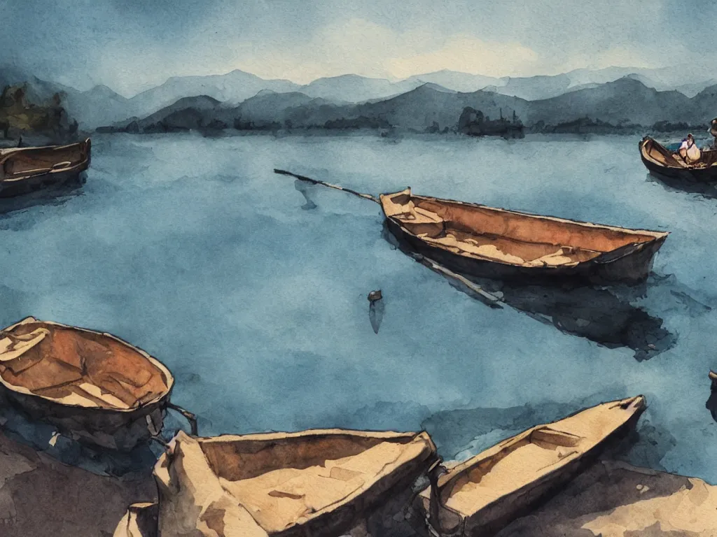 Image similar to a boat is parked on the lake, there is only one person on the boat fishing, cinematic landscape ， natural light, ink painting