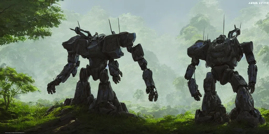 Prompt: A concept art of an armored mecha robot with a man sitting in a stone in the middle of the jungle, highly detailed, scifi film color palette, ridley scott film, cinematic lighting, trending on artstation, cgsociety, volumetric lighting, style inspired by Ian McQue and Sparth and Feerikart, hyper realistic