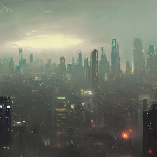 Prompt: a large ominous tsunami in the distance of a city skyline, ominous, eerie, death, craig mullins