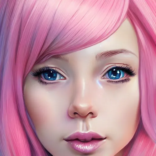 Image similar to belle delphine with pastel pink hair and shiny brown eyes, elegant, ultra highly detailed, digital painting, smooth, sharp focus, artstation, art by Ilya Kuvshinov