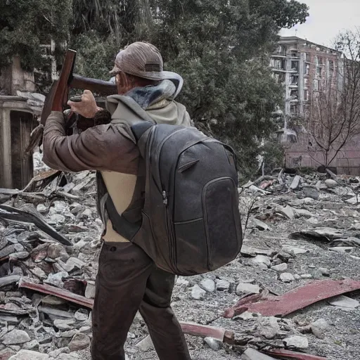 Image similar to still image of a man wearing a full backpack on his back, holding an old rifle in his right hand looking at an old demolished statue with a head missing, post apocalyptic, dark