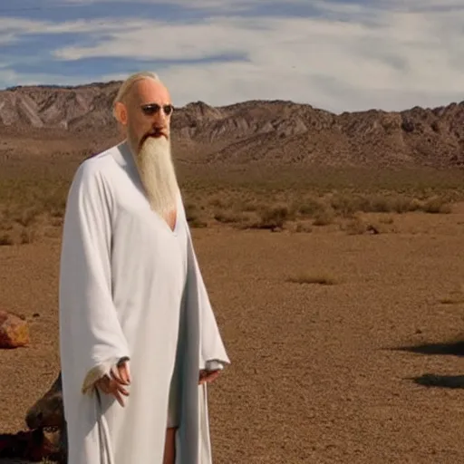 Prompt: Saruman the White standing outside an RV parked in the New Mexico desert without pants wearing tighty whitey underwear like Walter White from Breaking Bad