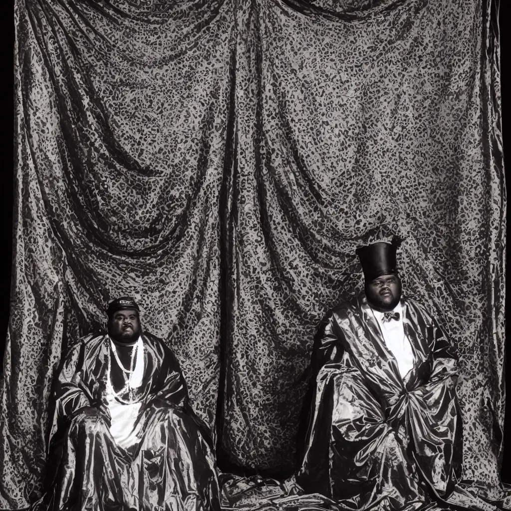 Image similar to Large black man sitting on throne wrapped in silk, background made of large folding curtains, dimly lit, dark, blacklight photography