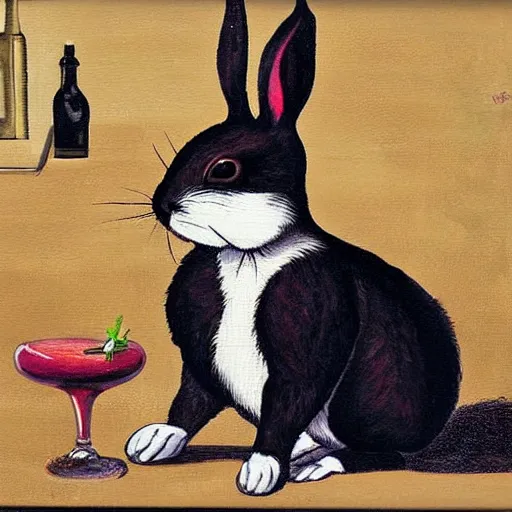 Image similar to a painting of a rabbit drinking tequila and eating croquette in gothic style