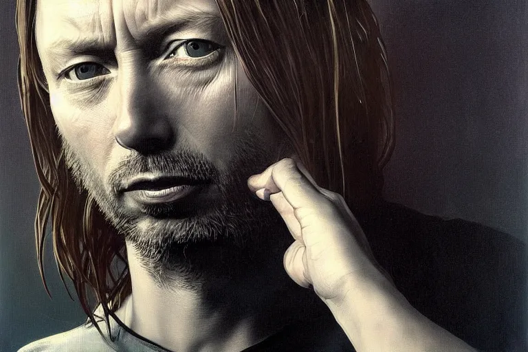 Image similar to hyper realistic portrait of thom yorke mixed with kurt cobain, bigger forehead, bigger chin, from the side, by lee bermejo, alphonse mucha and greg rutkowski