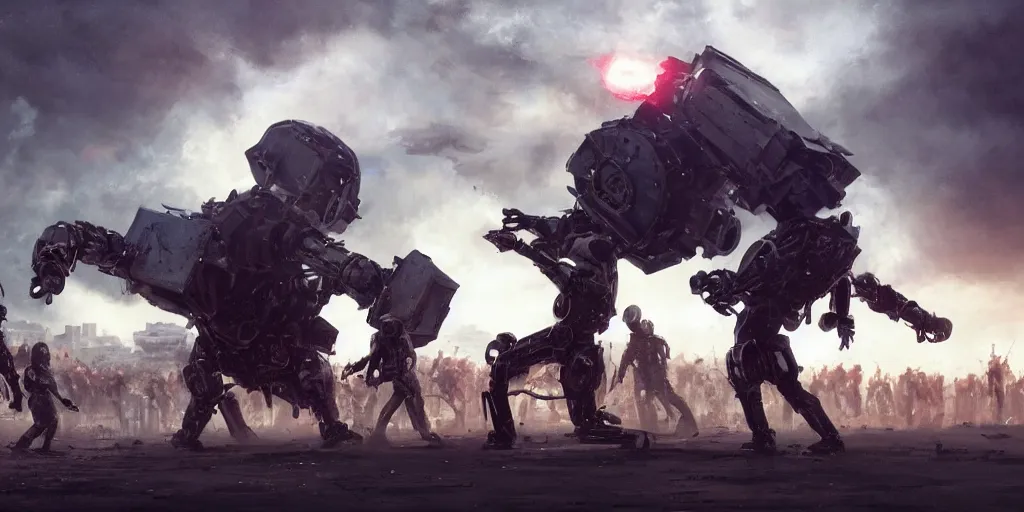 Image similar to concept art, of [ rage against the machine ] band memebers, very close shot!!! humans fighting with robots behind!!, detailed, dark concept art, dark skies painting by wlop, nixeu and greg rutkowski, beautiful, semirealism, artstation, octane render, oil painting, sharpness, 8 k, golden ratio