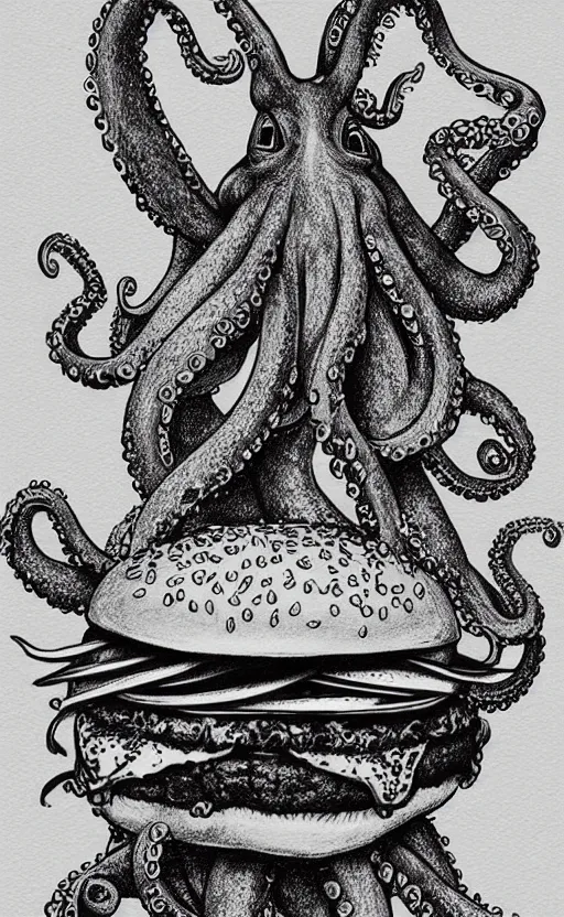 Prompt: highly detailed pencil illustration of octopus eating a burger, symmetrical, hd, trending, silk screen