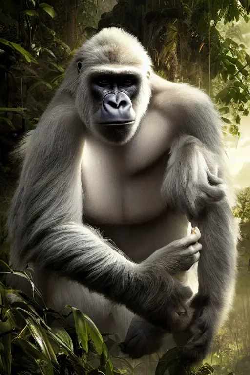 Prompt: portrait of a majestic white Gorilla in the exotic Jungle, Single face, dramatic lighting, cinematic, establishing shot, extremly high detail, photo realistic, cinematic lighting, post processed, concept art, artstation, matte painting, style by eddie mendoza, raphael lacoste, alex ross