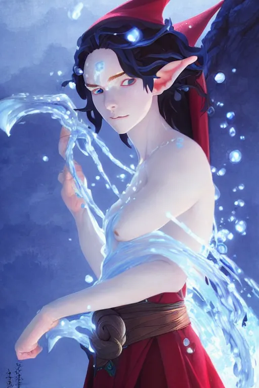 Image similar to elf female sorcerer doing water magic spells, blue robes, red hair, finely detailed perfect face, exquisite details, mid view, design on a white background, by studio muti, greg rutkowski makoto shinkai takashi takeuchi studio ghibli