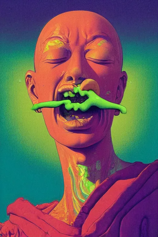 Prompt: a colorful vibrant closeup portrait of a simple angel licking a tab of LSD acid on his tongue and dreaming psychedelic hallucinations, by kawase hasui, moebius, Edward Hopper and James Gilleard, Zdzislaw Beksinski, Steven Outram colorful flat surreal design, hd, 8k, artstation