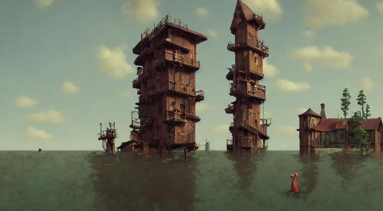 Prompt: single flooded simple fantasy wooden tower, very coherent and colorful high contrast!! masterpiece by rene magritte simon stalenhag carl spitzweg syd mead norman rockwell edward hopper james gilleard, minimalist, dark shadows, sunny day, hard lighting