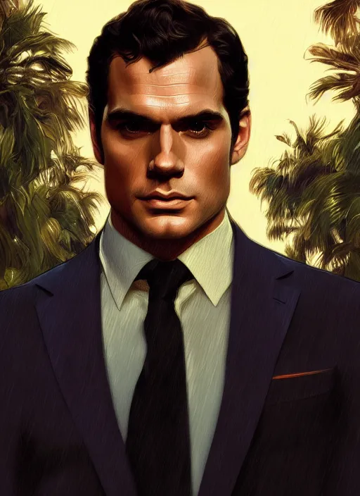 Image similar to portrait of henry cavill as james bond, casino, key art, sprinting, palm trees, highly detailed, digital painting, artstation, concept art, cinematic lighting, sharp focus, illustration, by gaston bussiere alphonse mucha