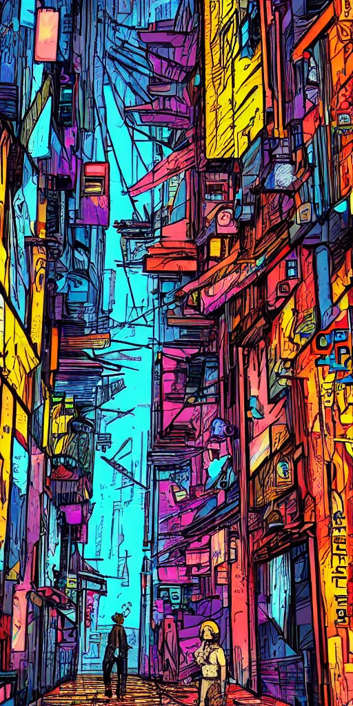Image similar to person standing in a cyberpunk alley, pop art, markers, rtx, 8 k, ray tracing, highly detailed