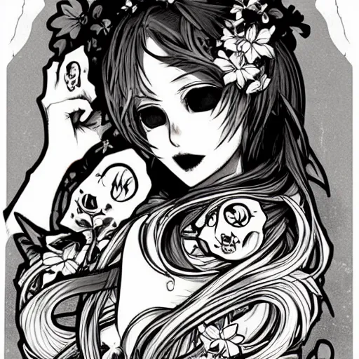 Image similar to anime manga skull portrait girl female tattoos skeleton illustration detailed style by Alphonse Mucha pop art nouveau detailed pattern