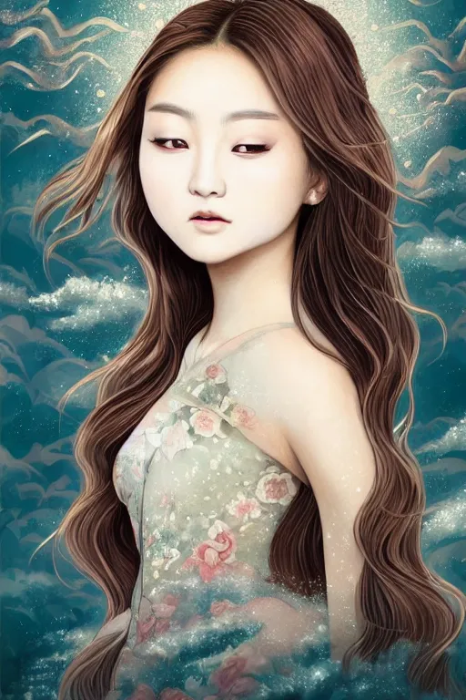 Prompt: beautiful young heroine portrait like twice tzuyu+happy+smoky eyes+front face with light flowing hair smiling, great wave of hokusai, illustration, fantasy, acryllic spill, intricate complexity, Chinese, goddess, holy, divine, rule of thirds, in the style of Kazuki Tanahashi, ultradetail face by tian zi and WLOP and alphonse mucha, fantasy character concept, watermark, blurry, 8k