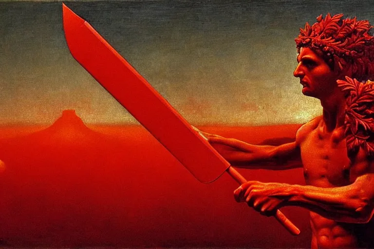 Image similar to only with red, a red melted apollo with a laurel wreath and a flaming sword announce the win, atene in the background, in the style of beksinski, part by hopper, part by rodcenko, part by hofbauer, intricate composition, red by caravaggio, insanely quality, highly detailed, masterpiece, red light, artstation