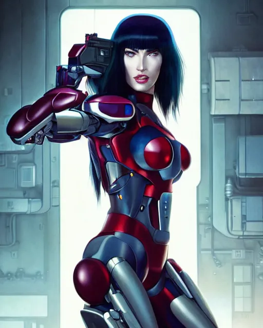 Image similar to movie still portrait photo of megan fox as the major ghost in the shell as cyborg woman by pixar, by weta, wlop, ilya kuvshinov, rossdraws, artgerm, maxim cover, latex, sweaty, iridescent, bright morning, anime, liosh, mucha