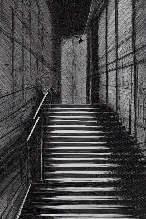 Prompt: looking down a flight of stairs at a black cat, digital illustration, artstation, artstation hq, hd