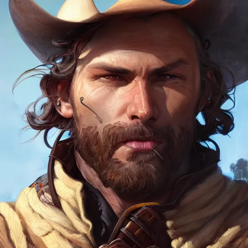 Image similar to rugged male cowboy, painted fantasy character portrait, highly detailed, digital painting, artstation, concept art, sharp focus, illustration, art by artgerm and greg rutkowski and alphonse mucha