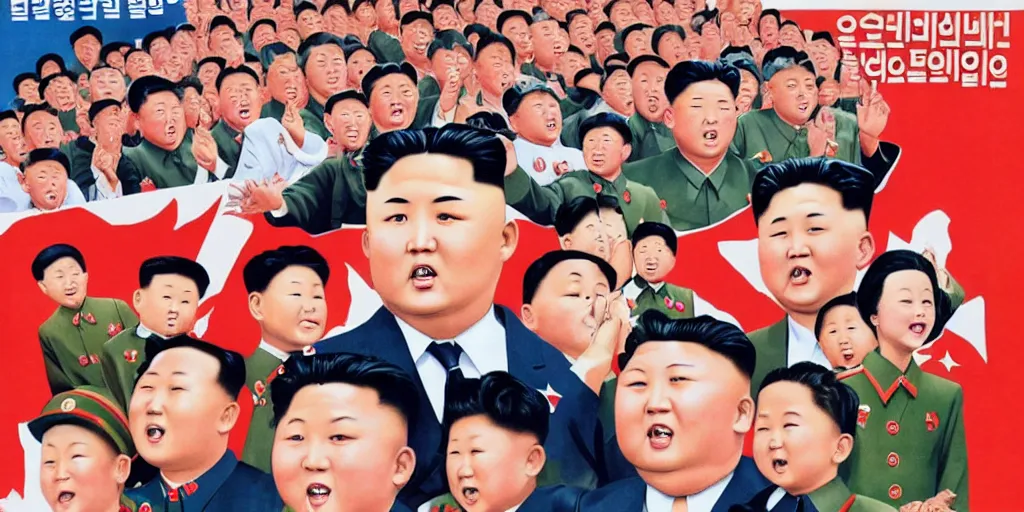 Image similar to north korean propaganda poster with children surrounding dear leader and generals crying in the background