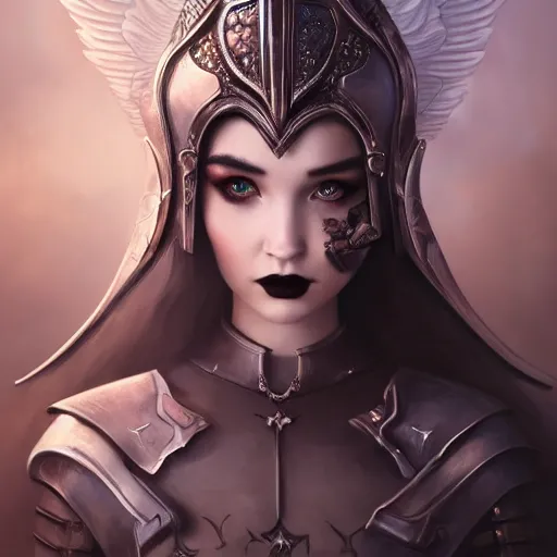 Prompt: tom bagshaw, very beautiful genetic mix of dove cameron madison beer bella poarch in a dark fantasy warrior armor, winged helm, thin gothic makeup, professionally retouched, focus eyes, ultra realistic soft painting, insanely detailed linework, symmetrical accurate intricate features, behance artstation, 8 k