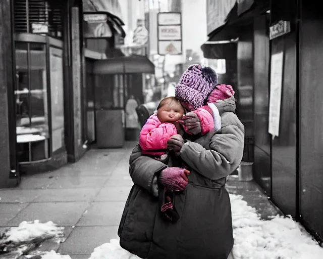 Image similar to there's an infant clinging to his overweight mother in the cold as they go to shop for cigarettes, portra 4 0 0 candid photograph portrait by annie leibovitz, humans of new york, 3 5 mm macro shot, f / 3 2, hyperrealistic, cinematic lighting, hd wallpaper, 8 k, 4 k