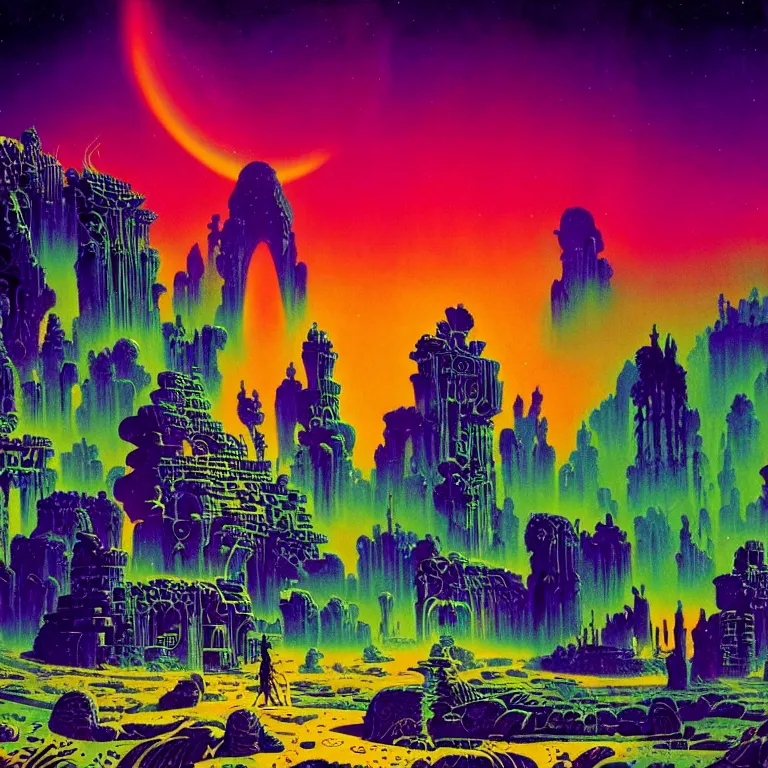 Prompt: psychedelic eternal aurora radiating over desolate ancient ruins, bright neon colors, highly detailed, cinematic, eyvind earle, tim white, philippe druillet, roger dean, lisa frank, aubrey beardsley