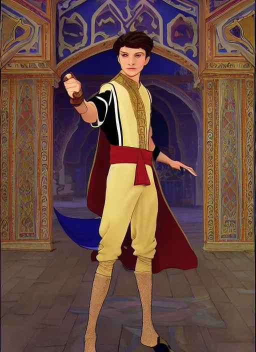 Prompt: skinny young tom holland as prince ali ababwa in the sultan's palace, cinematic lighting, path traced, highly detailed, high quality, beautiful painting, by don bluth and ross tran and studio ghibli and alphonse mucha, artgerm