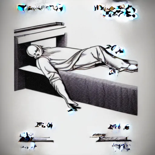 Image similar to sleeping man as a patent drawing. looking at camera. technical drawing. mathematical.