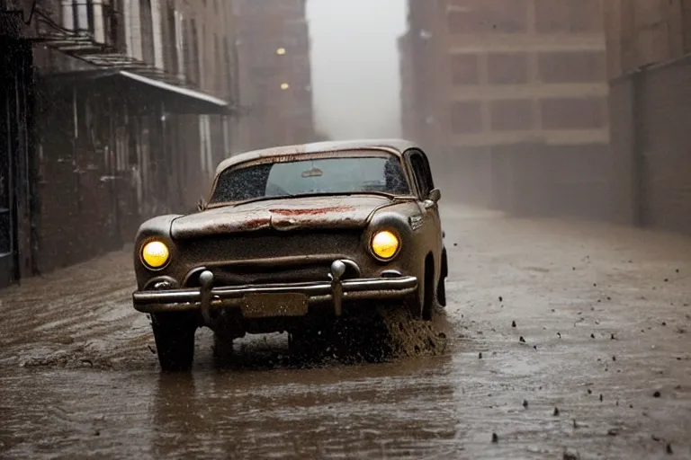 Prompt: street photography by saul leiter, in a new york muddy alley, award winning photo of an ultra detailed intricate dirty vintage ford car speeding very fast on mud, fast shutter speed, motion blur, tiny gaussian blur, highly detailed, highly intricate, depth of field, trending on top gear