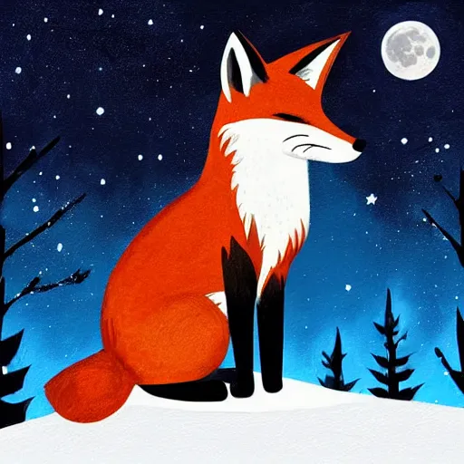 Image similar to “a fox sitting in the woods facing away, looking up at the night sky. The moon shines brightly. digital art, painting, highly detailed, hyper detailed, award winning”