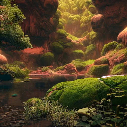 Prompt: photography river lush 8 k geometric cinematic cryengine render by james christensen, moebius, syd mead, john stephens