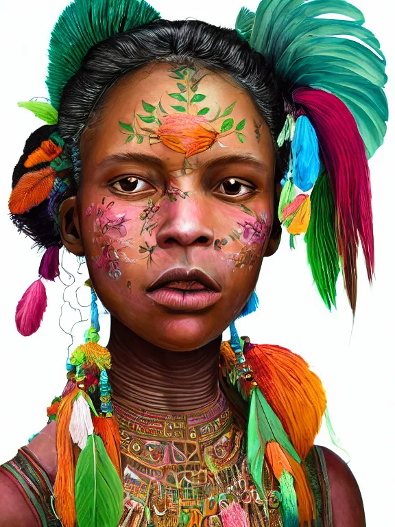 Prompt: beautiful portrait of a Subtropics minority female wearing fantastic Hand-dyed cotton dress, embellished beaded feather decorative fringe knots ,colorful pigtail,subtropical flowers and plants,symmetrical face,intricate,elegant, highly detailed, 8k,post-processing,digital painting, trending on artstation, concept art, sharp focus, illustration,by Steve McCurry and Tom Bagshaw and Daniel Gerhartz and Albert Aublet and Lawrence Alma-Tadema