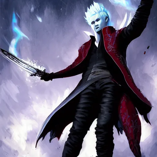 Prompt: portrait of a beautiful rendition of vergil, devil may cry, awesome outfit, wielding the yamato blade, illustration, artistic, colorful, hyper detailed, in the style of greg rutkowski