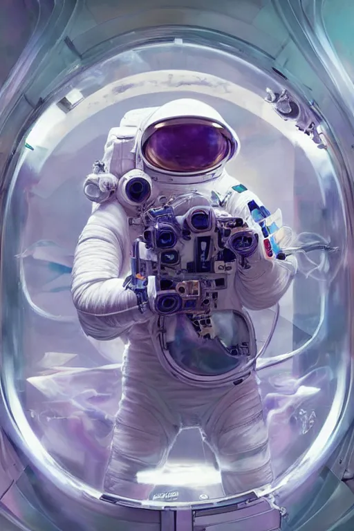 Prompt: A mystical mesmerizing 8k hyperrealistic Photo Portrait of an astronaut wearing an astronaut helmet, transforming into a purple haze, soft, sharp focus, detailed, art by Greg Rutkowski and artgerm and Alphonse Mucha
