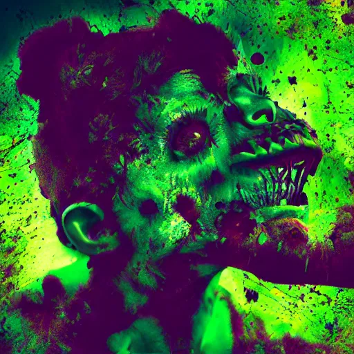 Image similar to wispy ink horror, neochrome colors, realistic render, toxic green pit of liquid, zombie bear, photo pic by matte painting