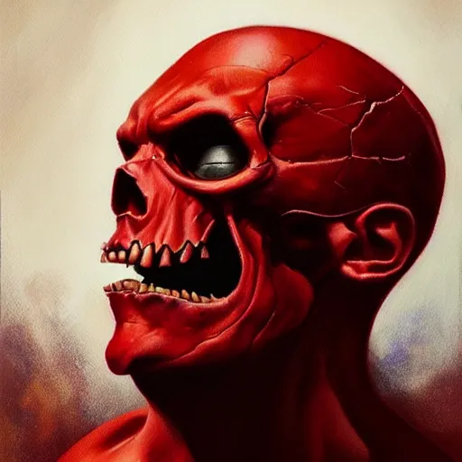 Prompt: ultra realistic head and shoulders portrait painting of red skull, art by frank frazetta, 4 k, ultra realistic, highly detailed, epic lighting