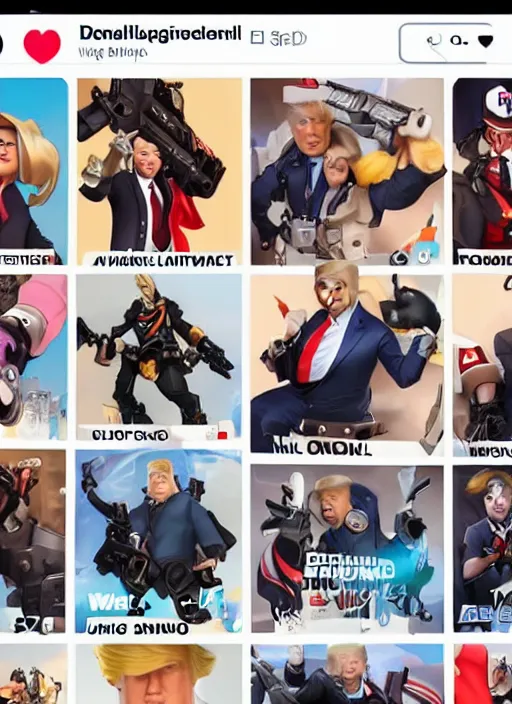 Image similar to donald trump instagram overwatch character photo shoot