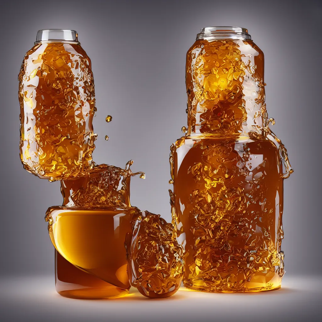 Prompt: award winning product photography of an extremely beautiful honey jar designed by Zaha Hadid, 8k render, 4k, octane render, trending on artstation, beautiful imagery, hero shot