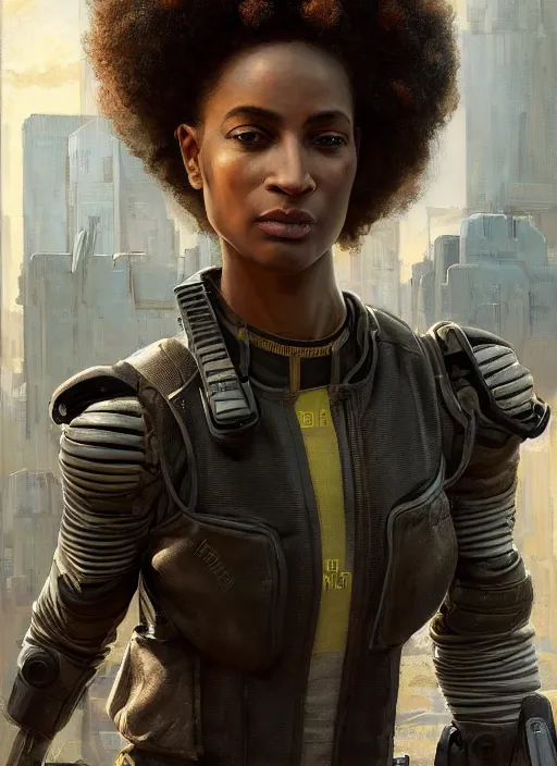 Image similar to buff Juliana. beautiful cyberpunk soldier wearing a military vest and military jumpsuit (cyberpunk 2077). gorgeous african face and afro. Iranian orientalist portrait by john william waterhouse and Edwin Longsden Long and Theodore Ralli and Nasreddine Dinet, oil on canvas. Cinematic, hyper realism, realistic proportions, dramatic lighting, high detail 4k