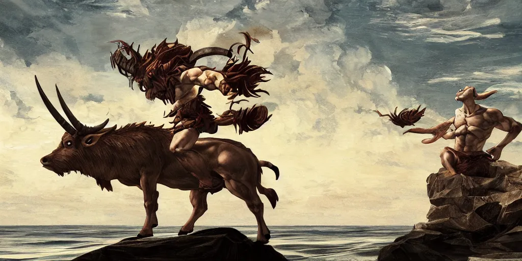 Image similar to Minotaur in Sea, by Caravaggio, studio ghibli, cinematic lighting, intricate, highly detailed, digital painting, trending on artstation, Illustration, epic scale