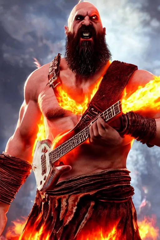 Image similar to screaming kratos rocking out on a flaming stratocaster guitar, cinematic render, god of war 2 0 1 8, playstation studios official media, lightning, flames, left eye stripe, left eye stripe, clear, coherent