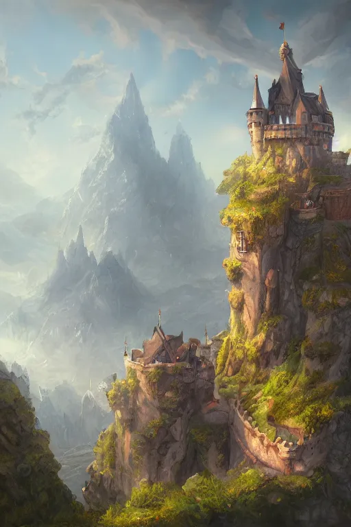 Prompt: a painting of a castle on top of a mountain, a detailed matte painting by tyler edlin, artstation, fantasy art, matte painting, matte drawing, storybook illustration
