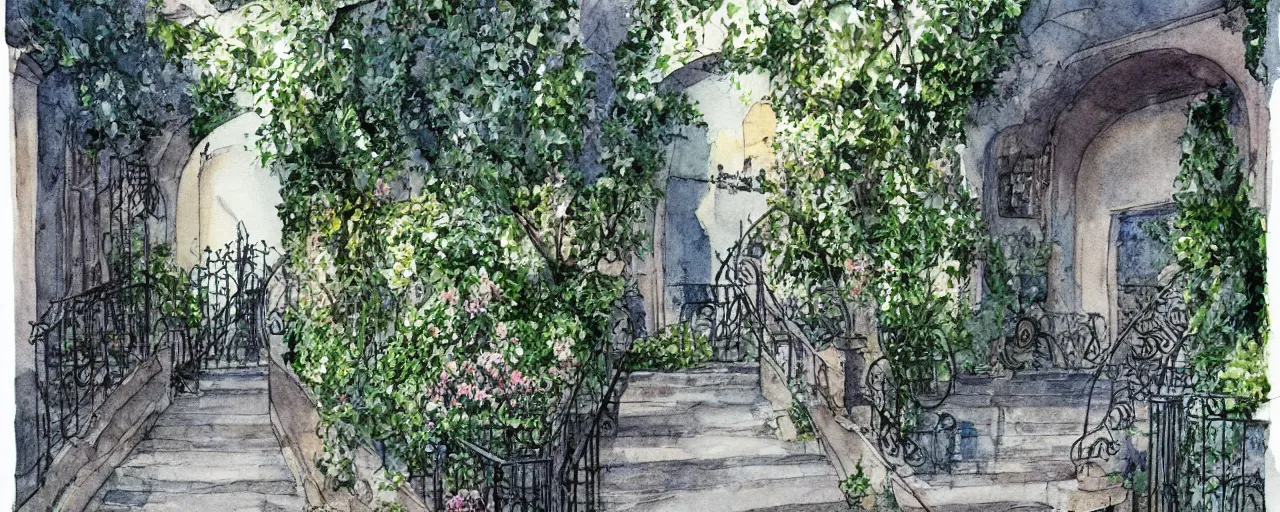 Image similar to courtyard walkway, night castle, stairway, chairs, wrought iron, gate, tree, delicate, botanic garden, garden road, botanical herbarium paper, watercolor colored painting, iridescent colors, 8 k, realistic shaded, fine details, artstation, italian style, colonnade, huge flower