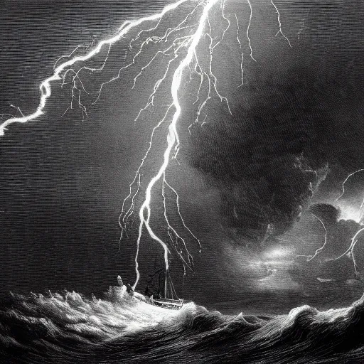 Prompt: drawing of pepe the frogs sailing through a lightning storm above a stormy ocean, by gustave dore, nineteenth century, black and white, vintage, science fiction, epic composition, dramatic lighting, highly detailed, cinematic horror, sci fi