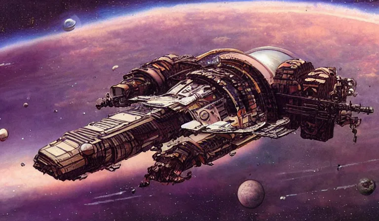 Prompt: a diesel punk spaceship in orbit of the earth, in the style of John Harris and John Berkey