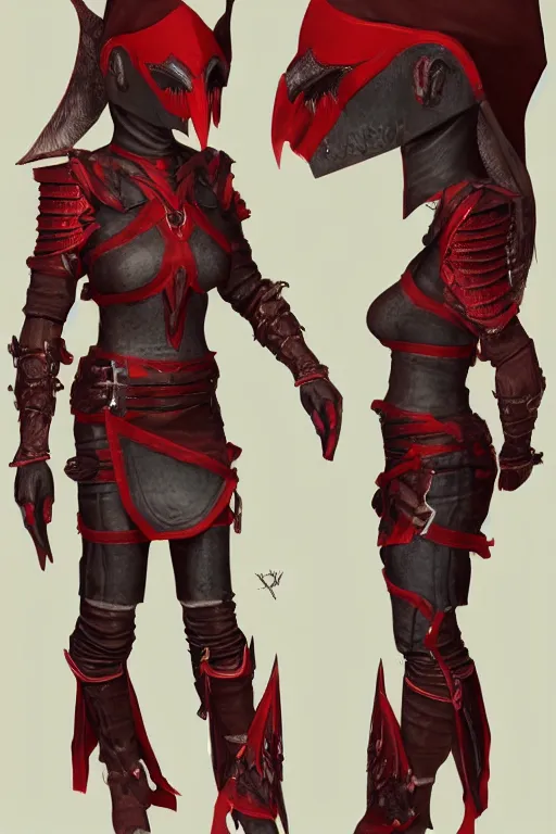 Image similar to female adventurer in tight full - body ebony leather armor of dunmer design with dark red cloth underneath and with a red porcelain crow mask, trending in artstation, establishing shot