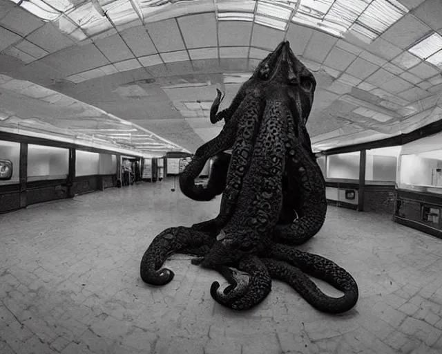 Prompt: camera footage of a extremely aggressive Giant mutated Octopus with glowing white eyes in an abandoned shopping mall, Psychic Mind flayer, Terrifying, Silhouette :7 , high exposure, dark, monochrome, camera, grainy, CCTV, security camera footage, timestamp, zoomed in, Feral, fish-eye lens, Fast, Radiation Mutated, Nightmare Fuel, Wolf, Evil, Bite, Motion Blur, horrifying, lunging at camera :4 bloody dead body, blood on floors, windows and walls :5